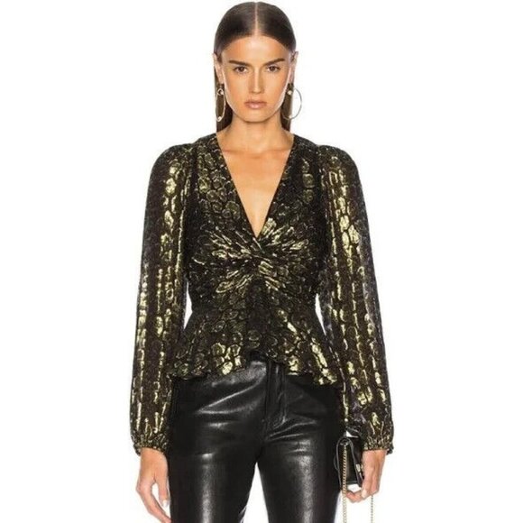 A.L.C. Women's Logan Metallic Print Silk Long Sleeve Blouse Size 8 - Picture 1 of 13